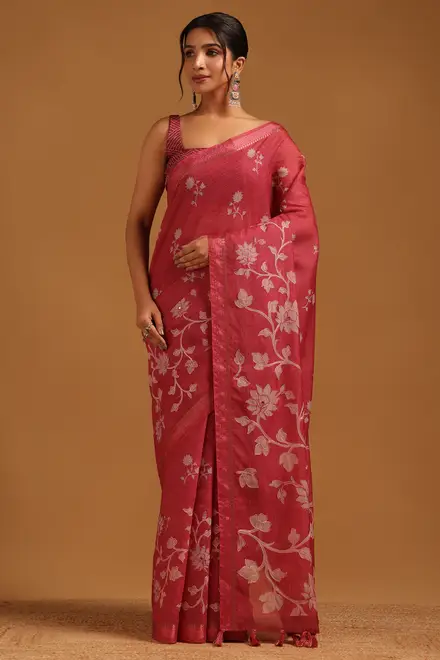 Red Silk Blend Floral Saree With Faux Mirror